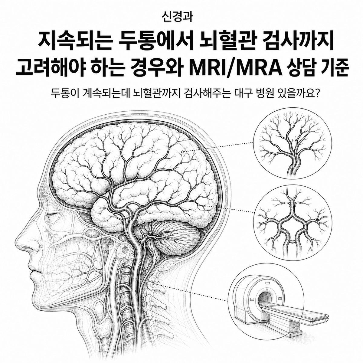 대구 신경과 지속되는 두통에서 뇌혈관 검사까지 고려해야 하는 경우와 MRI/MRA 상담 기준 핵심 정보 이미지